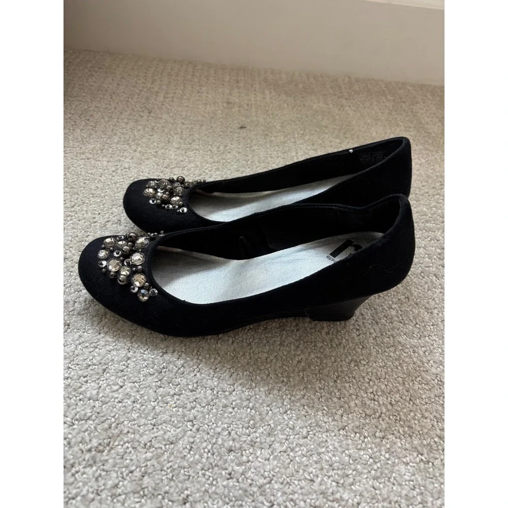 Report Wedge Heels Womens 8 Black Rhinestone‎ Embellished Low Pump Evening Glam